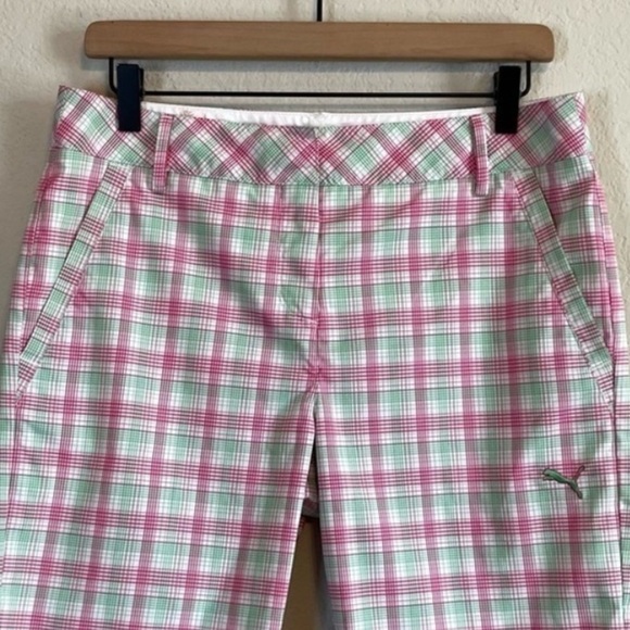 Puma Pink Green White Plaid Tech Golf Bermuda Length Breathable Shorts Size 6 - Picture 3 of 11